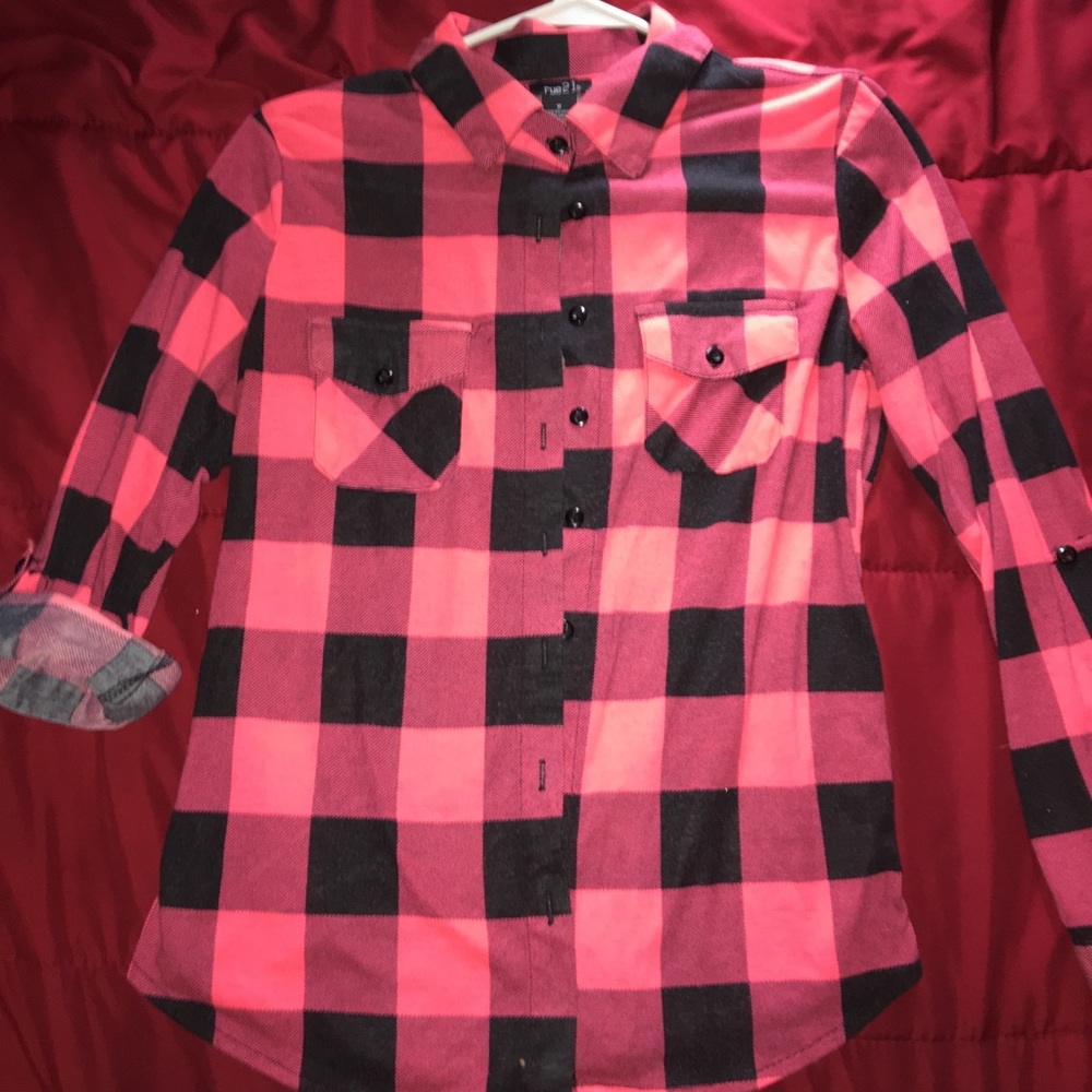 Rue 21 pink-ish, red-ish, and black plaid shirt